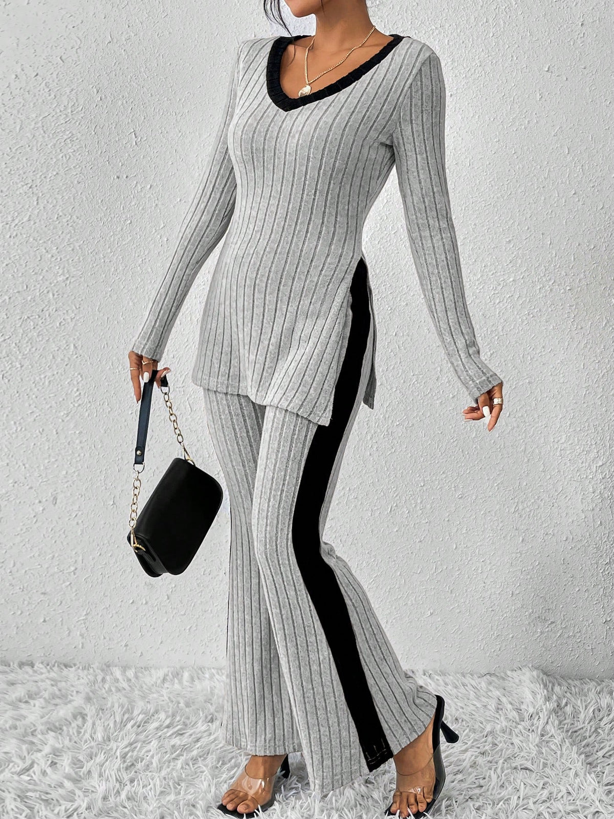 V-neck Color Block Long Sleeve T-shirt And Pants Set