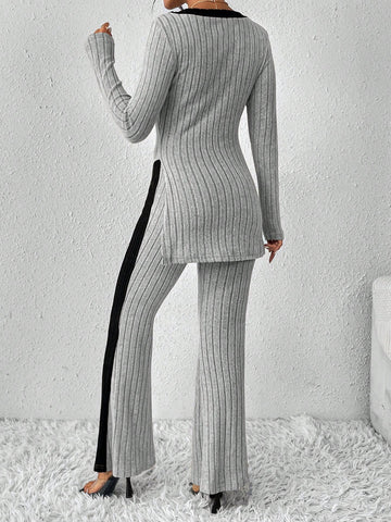 V-neck Color Block Long Sleeve T-shirt And Pants Set