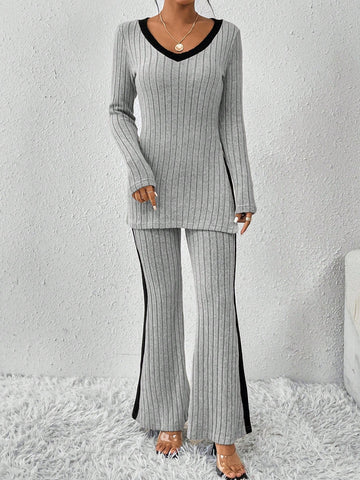 V-neck Color Block Long Sleeve T-shirt And Pants Set
