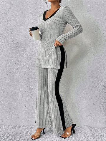 V-neck Color Block Long Sleeve T-shirt And Pants Set