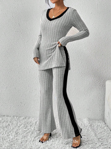 V-neck Color Block Long Sleeve T-shirt And Pants Set