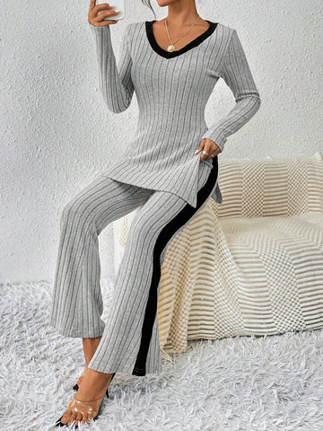 V-neck Color Block Long Sleeve T-shirt And Pants Set