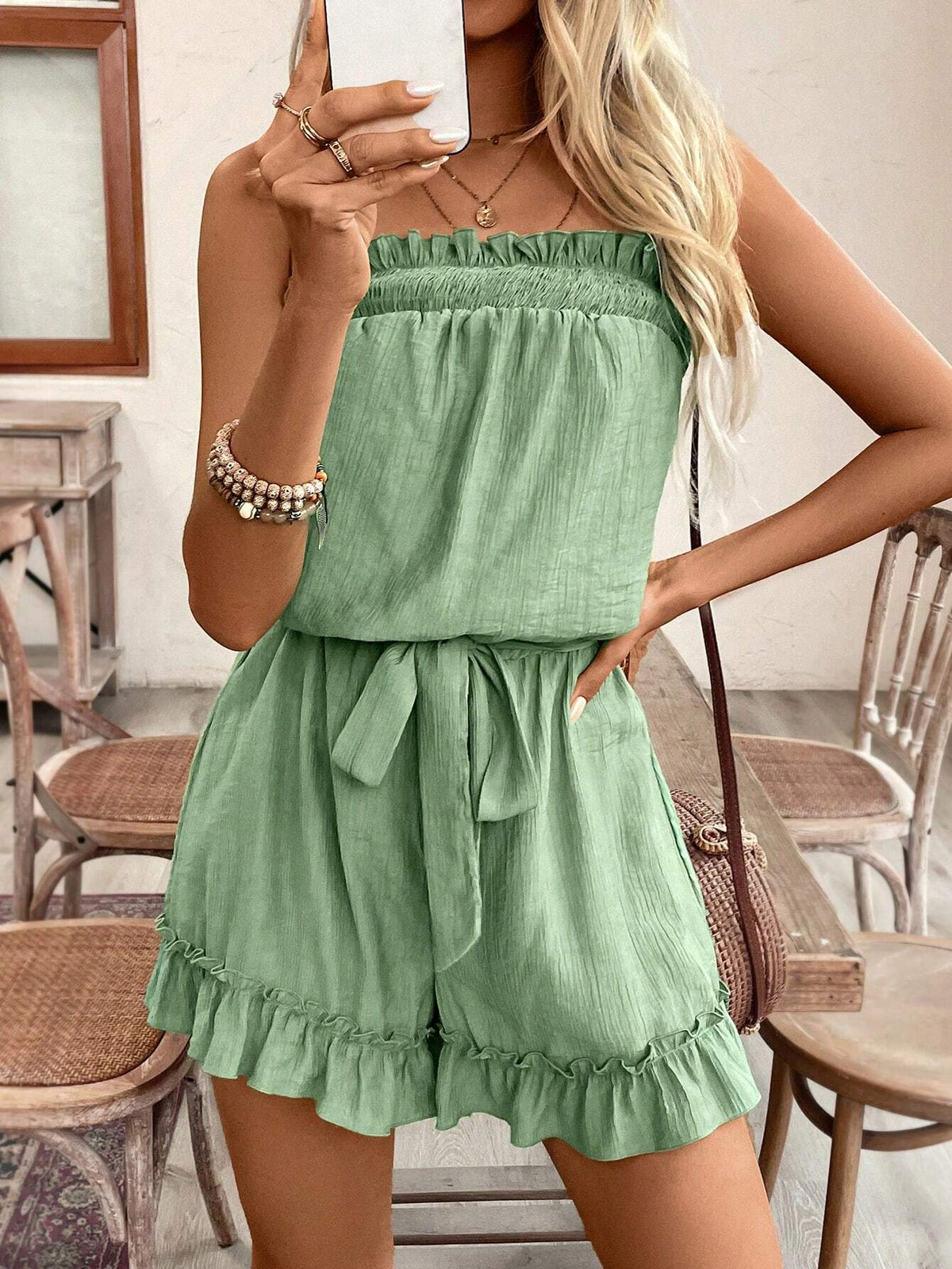 Vacation Casual Solid Color Strap Ruffles Texture Fabric Tube Top Jumpsuit Shorts