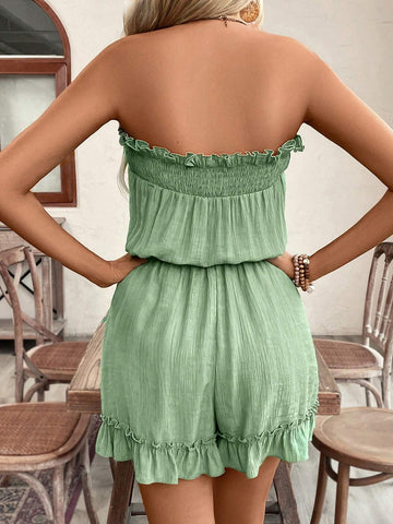 Vacation Casual Solid Color Strap Ruffles Texture Fabric Tube Top Jumpsuit Shorts