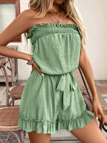 Vacation Casual Solid Color Strap Ruffles Texture Fabric Tube Top Jumpsuit Shorts