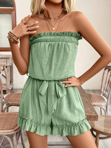 Vacation Casual Solid Color Strap Ruffles Texture Fabric Tube Top Jumpsuit Shorts