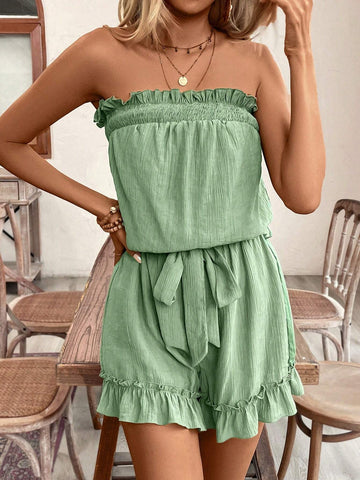 Vacation Casual Solid Color Strap Ruffles Texture Fabric Tube Top Jumpsuit Shorts