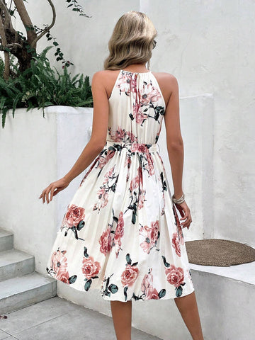 Vacation Leisure Flower Printed Halter Sleeveless Dress