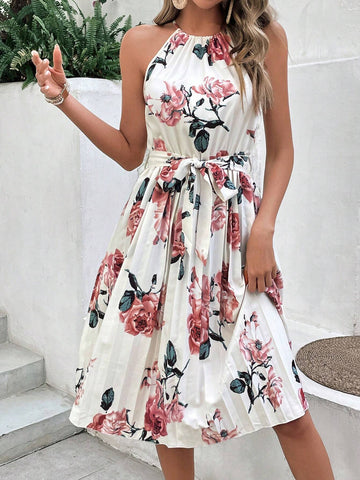 Vacation Leisure Flower Printed Halter Sleeveless Dress