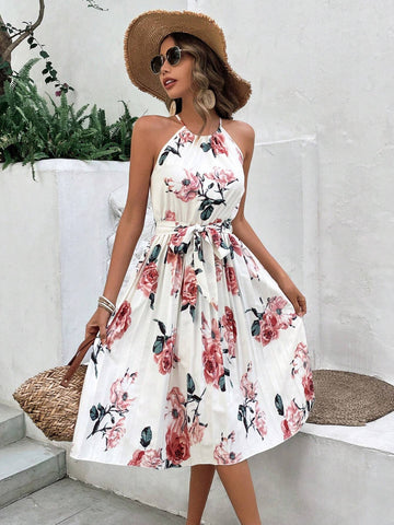 Vacation Leisure Flower Printed Halter Sleeveless Dress