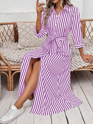 Vacation Leisure Striped Color Block Front Button Maxi Shirt Dress