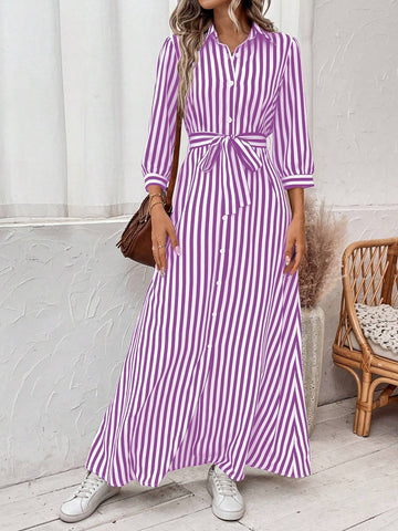 Vacation Leisure Striped Color Block Front Button Maxi Shirt Dress
