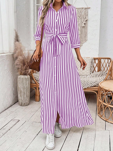 Vacation Leisure Striped Color Block Front Button Maxi Shirt Dress