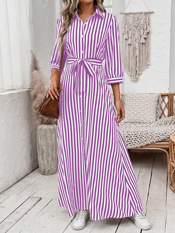 Vacation Leisure Striped Color Block Front Button Maxi Shirt Dress