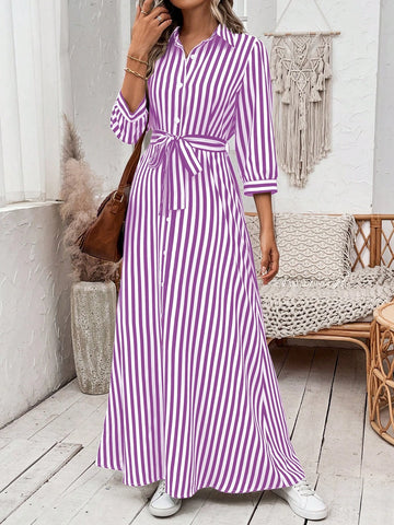Vacation Leisure Striped Color Block Front Button Maxi Shirt Dress