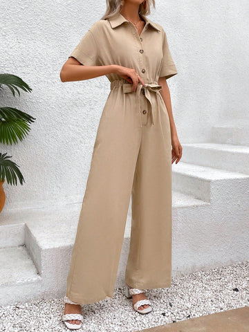 Vacation Summer Drawstring Waist Drop Shoulder Short Sleeve Jumpsuit