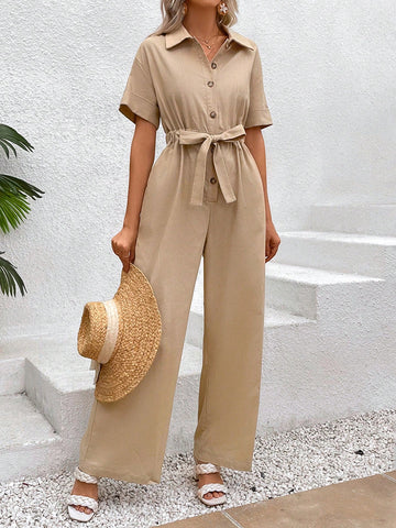 Vacation Summer Drawstring Waist Drop Shoulder Short Sleeve Jumpsuit