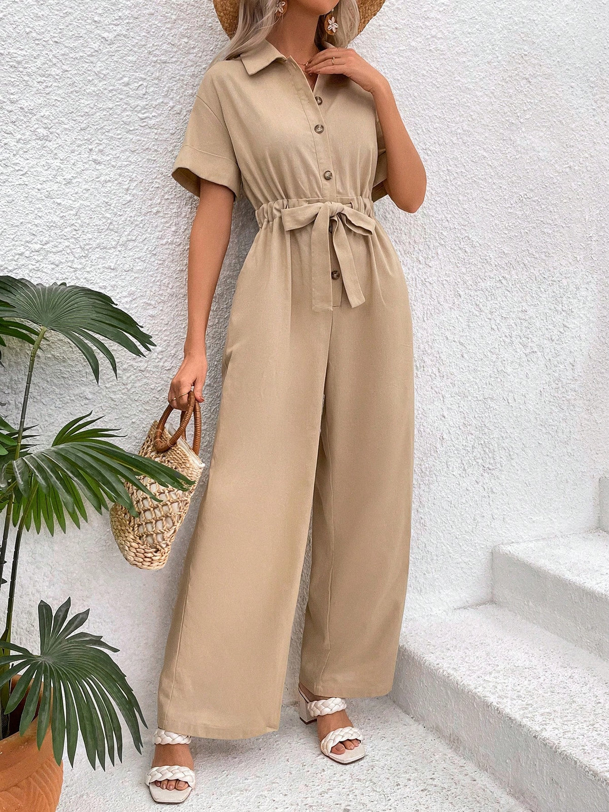 Vacation Summer Drawstring Waist Drop Shoulder Short Sleeve Jumpsuit
