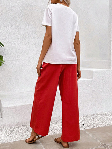 Vacation Summer Heart Pattern Short Sleeve T-Shirt And Pants Two Piece Set