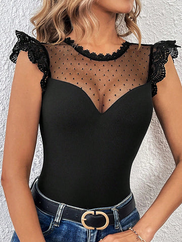 Valentine's Day Wedding Sheer Mesh Lace Splice Bodysuit Summer Bodysuit