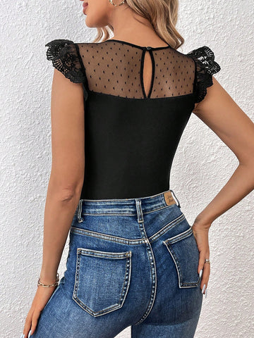 Valentine's Day Wedding Sheer Mesh Lace Splice Bodysuit Summer Bodysuit