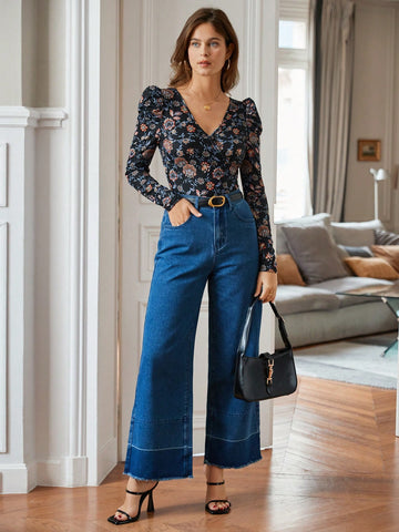 Vintage Floral Print Bubble Sleeve Bodysuit