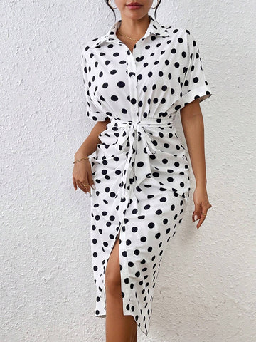 White Polka Dot Print Button-Up Tie Waist Batwing Sleeve Elegant Women's Dress