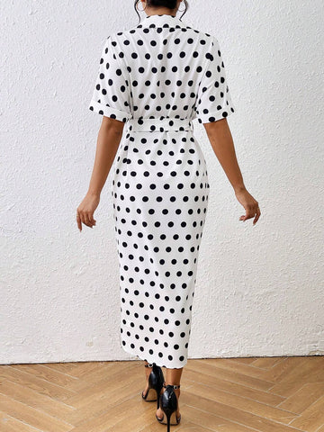 White Polka Dot Print Button-Up Tie Waist Batwing Sleeve Elegant Women's Dress