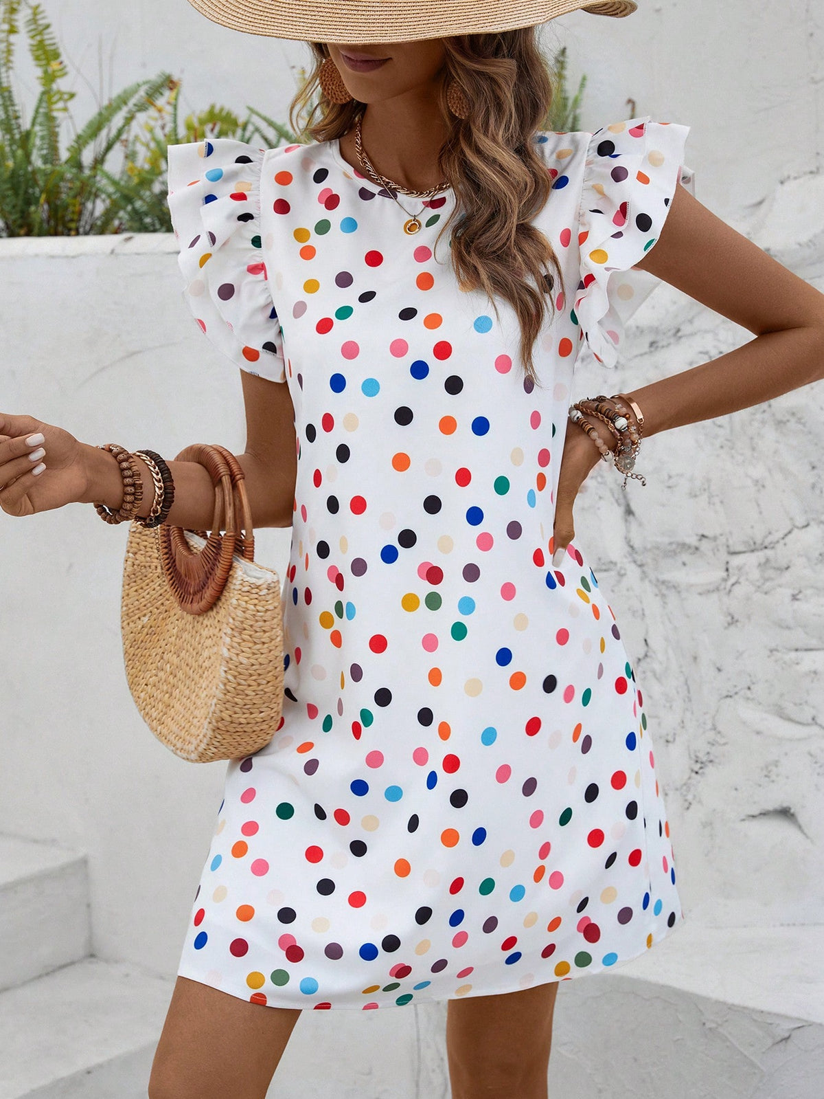 Frenchy Women'S Colorful Polka Dot Printed Ruffle Sleeve Dress