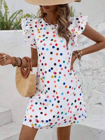 Frenchy Women'S Colorful Polka Dot Printed Ruffle Sleeve Dress