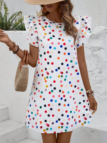 Frenchy Women'S Colorful Polka Dot Printed Ruffle Sleeve Dress