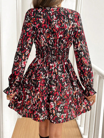 Women`S Elegant Allover Print V-Neck Long Sleeve Waisted Mini Dress For Vacation