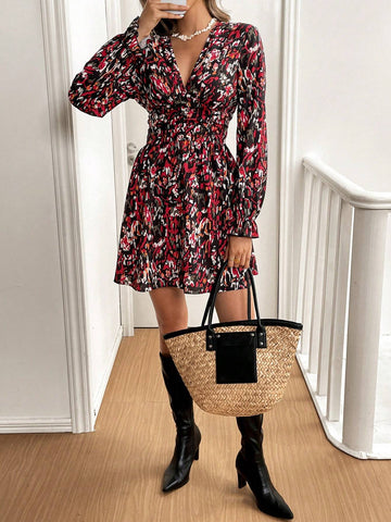 Women`S Elegant Allover Print V-Neck Long Sleeve Waisted Mini Dress For Vacation