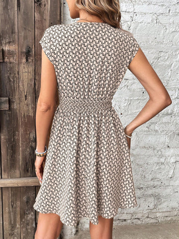 Women'S Geometric Print Wrap Dress With Shirred Waist