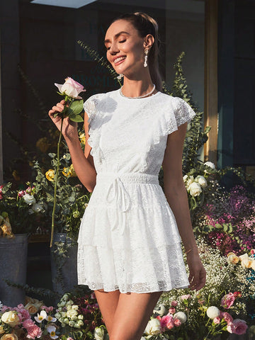 Women'S Lace Flounce Trim Cinching Waist Jumpsuit