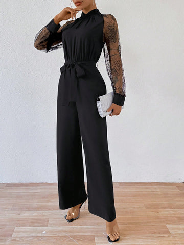Women'S Lace Patchwork Jumpsuit With Belt