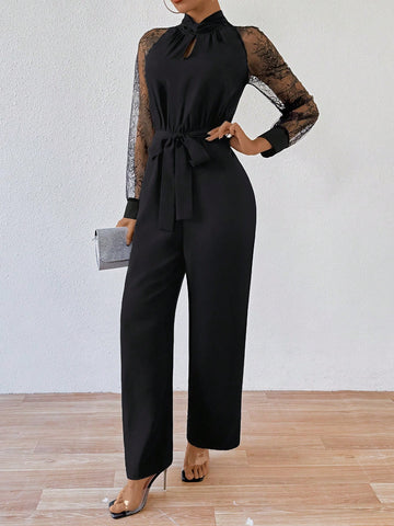 Women'S Lace Patchwork Jumpsuit With Belt