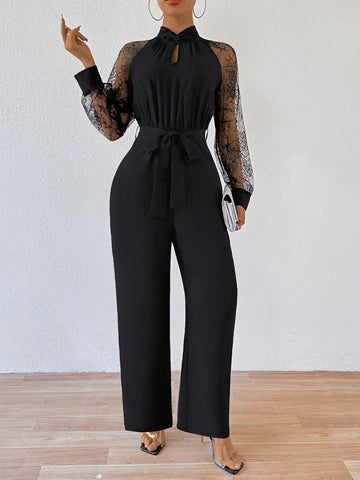 Women'S Lace Patchwork Jumpsuit With Belt