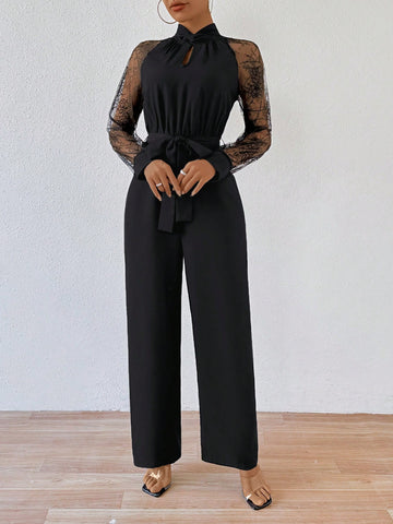 Women'S Lace Patchwork Jumpsuit With Belt