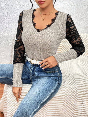 Women'S Lace Patchwork Ribbed Bodysuit