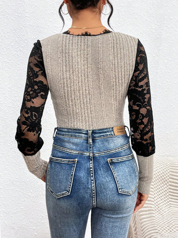 Women'S Lace Patchwork Ribbed Bodysuit
