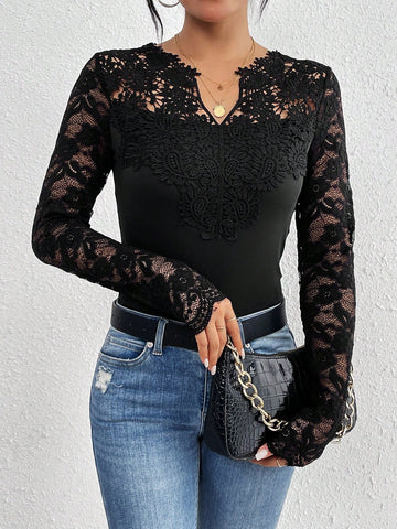 Women'S Lace Spliced Slim Fit Bodysuit