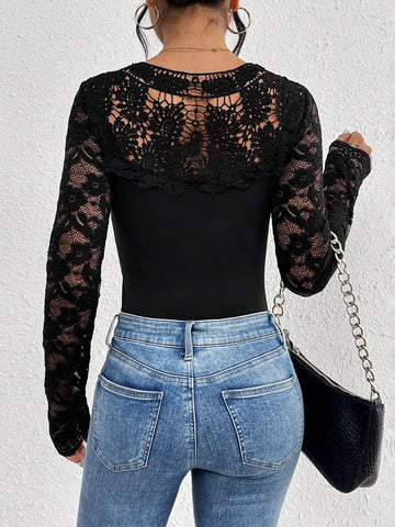 Women'S Lace Spliced Slim Fit Bodysuit