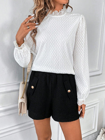 Women'S Lace Stand Collar Top And Shorts 2-Piece Set