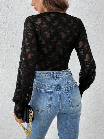 Women'S Lace V-Neck Ruffle Bodysuit