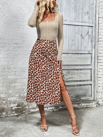 Women'S Long Sleeve Cutout T-Shirt And Geometric Print Side Slit Skirt Two Piece Set