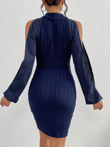 Women'S Off Shoulder Long Sleeve Textured Bodycon Dress