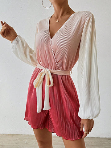 Women'S Ombre Color Belted Romper Shorts