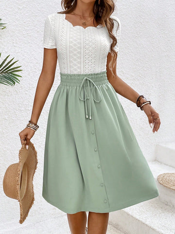 Women'S Scallop Hem Short Sleeve T-Shirt And Skirt Set