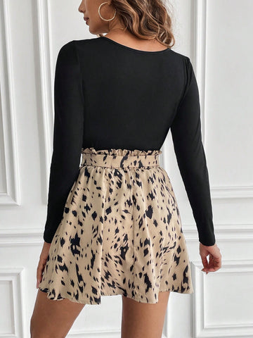 Women'S Solid Color Tee With Large Round Neck, Belted Floral Print Skirt Two-Piece Set